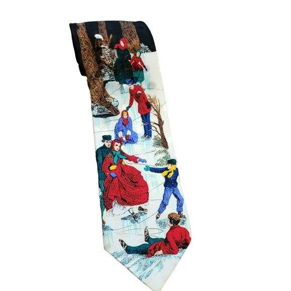 Victorian Ice Skating Christmas Tie 100% Silk Men's JJ1643 - Picture 3 of 6